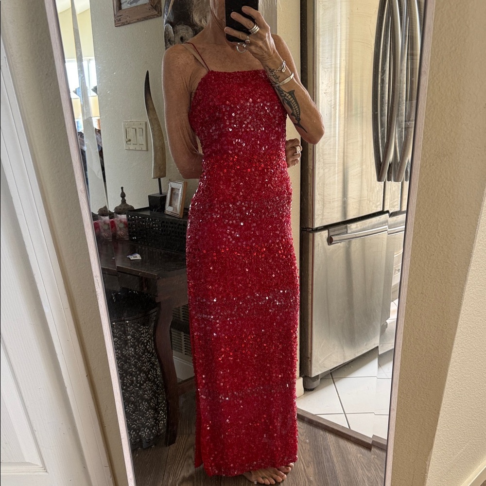 Scala gorgeous Red Sequin Dress evening gown side slit - Picture 3 of 14
